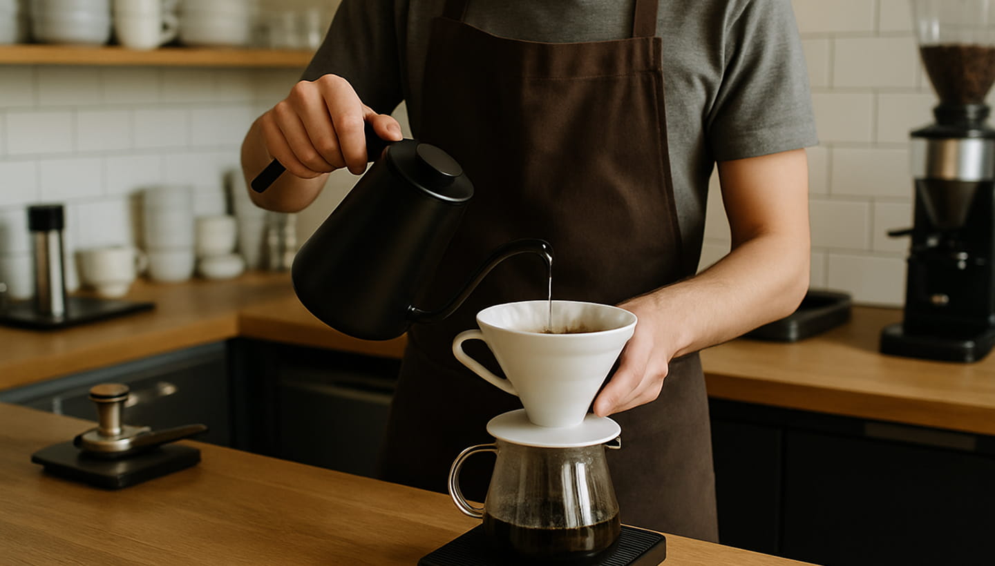 Barista pouring coffee into a cup